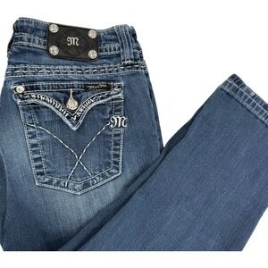 MISS ME 30 Capri Jeans Blue JY5180P Dark Wash Embellished Rhinestone Y2K McBling